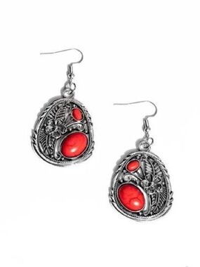 paparazzi Silver-Tone Floral Drop Earrings with Red Cabochons